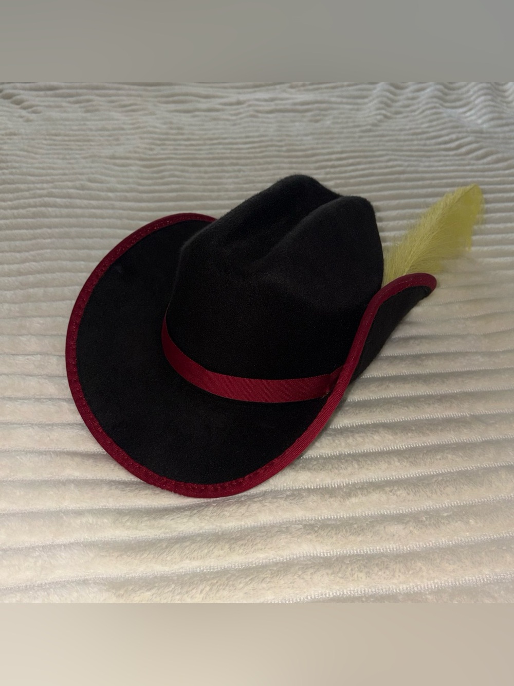 Puss in Boots Themed Felt Hat with Red Ribbon Band and Trim Yellow Feather 57cm